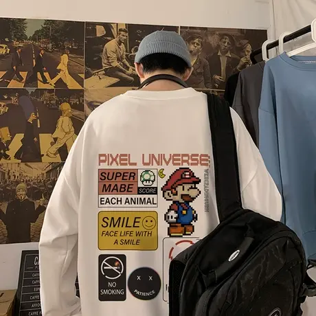 圆领卫衣男ins潮牌春秋季打底衫宽松美式长袖无帽港风外套上衣服T商品大图