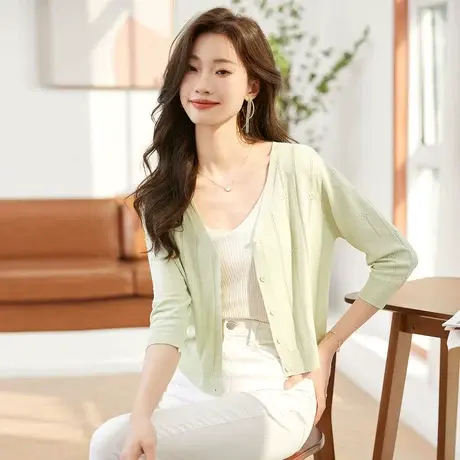 时尚长袖针织开衫2023年夏季新款淑女温柔修身显瘦通勤百搭上衣商品大图