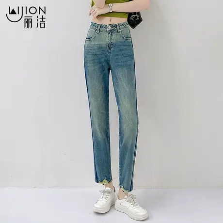 丽洁小个子牛仔裤2023年新款女哈伦裤秋季高腰宽松破洞直筒九分裤商品大图