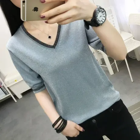 网红短袖t恤女ins超火夏装2022新款半袖宽松冰丝针织衫薄V领上衣图片