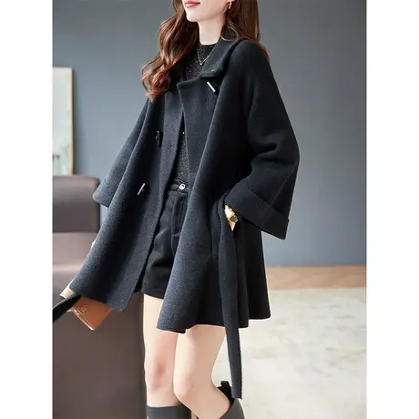 宝诗黎黑色宽松显瘦中长款翻领毛呢外套女秋冬2023年新款腰带开衫商品大图