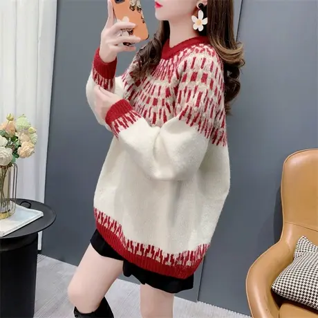 名族风复古提花圆领毛衣女加厚2023年新款秋冬宽松氛围感针织上衣商品大图