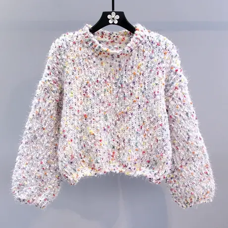 日系甜美彩色套头毛衣女秋冬2023新款宽松时尚洋气短款针织衫上衣商品大图