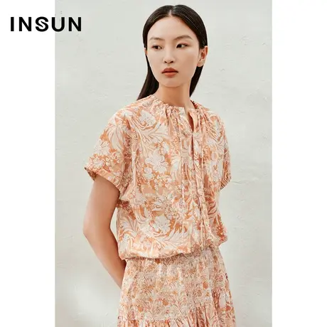 INSUN恩裳线上专选夏季印花棉质圆领系带衬衫商品大图