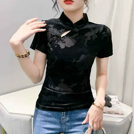 复古盘扣短袖T恤女中国风气质夏装性感网纱拼接上衣百搭紧身小衫图片