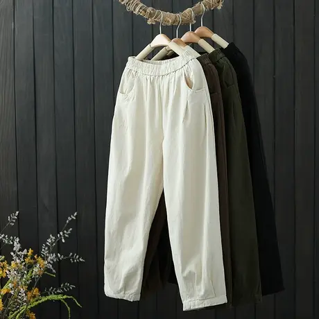 松紧腰纯色休闲裤女2022年春季新款宽松显瘦萝卜哈伦裤春秋九分裤图片