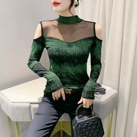 气质减龄扎染印花上衣性感镂空露肩网纱立领T恤女装洋气修身长袖商品大图
