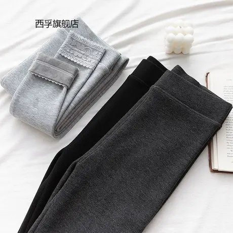 秋冬新款打底裤女外穿高腰螺纹修身加绒加厚保暖裤羊羔绒棉裤商品大图