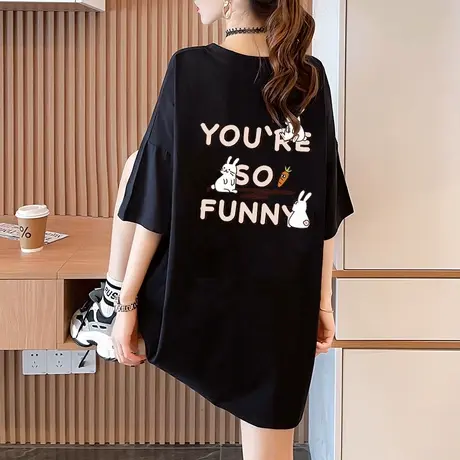 纯棉短袖t恤女2023新款夏季潮牌胖mm宽松大码半袖体恤中长款上衣商品大图