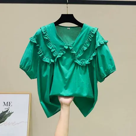 2023夏款新品韩版东大门百搭上衣露肩甜美衬衫娃娃领长款衬衫女潮图片