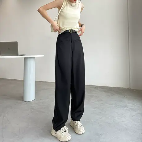 西装裤女黑色西裤春秋新款一字口袋高腰弯刀裤垂感宽松休闲阔腿裤图片