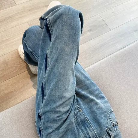 阔腿牛仔裤女2024年春秋新款高腰窄版宽松显瘦ins拼色百搭直筒裤商品大图