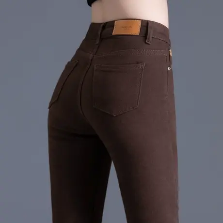 清仓咖色加绒牛仔裤女秋冬2024新款高腰弹力铅笔裤外穿紧身小脚裤商品大图