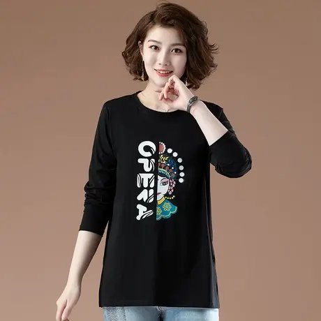 中年妈妈春秋季加肥加大码女装宽松打底衫纯棉印花显瘦长袖T恤女图片