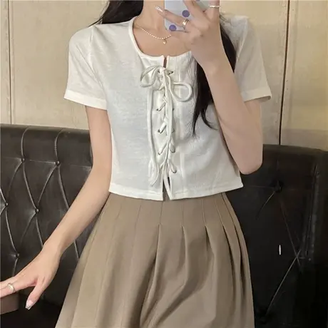 纯欲风修身短袖T恤不规则设计感打底衫夏季辣妹显瘦短款上衣女潮商品大图