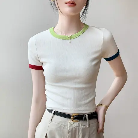 撞色圆领短袖T恤女2025夏季新款辣妹设计感正肩紧身露脐上衣短款图片