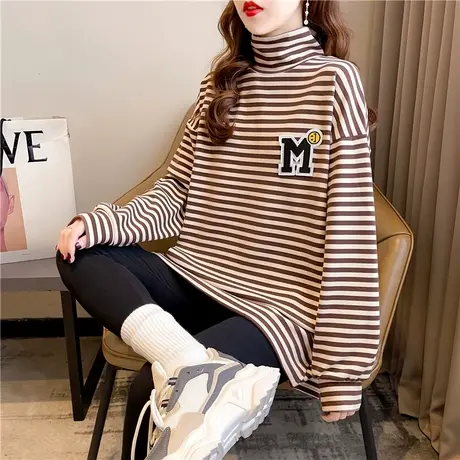 半高领长袖t恤女春秋季韩版宽松中长款加绒内搭条纹保暖打底衫潮商品大图