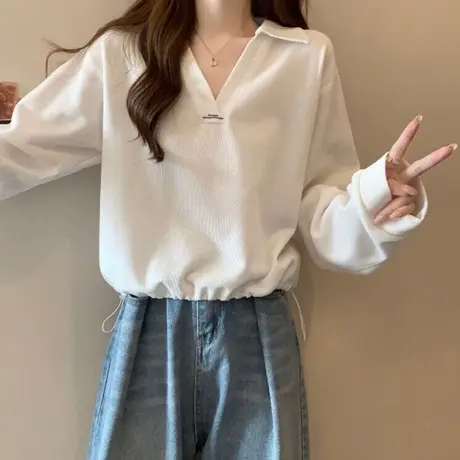 短款收腰V领T恤长袖女初秋2023新款宽松显瘦POLO衫上衣体恤打底衫商品大图
