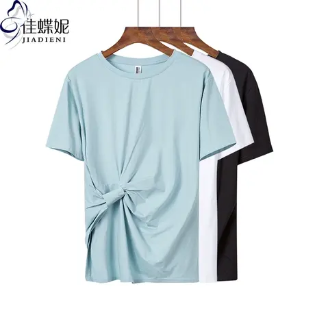 夏季新款韩版纯白圆领宽松休闲纯色褶皱短袖体恤上衣内搭女打底衫商品大图