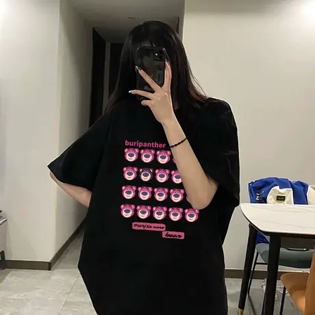 韩版宽松上衣女潮短袖夏季纯棉oversize正肩大码ins国潮情侣装t恤图片