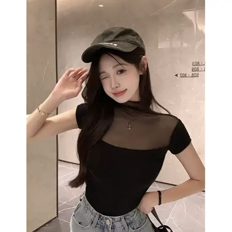 纯欲风T恤女设计感小众夏季网纱拼接打底衫辣妹紧身性感短袖上衣商品大图