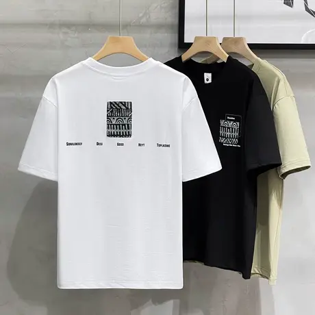 丝光棉男士t恤夏季薄款百搭美式潮流ins短袖体恤休闲圆领透气上衣商品大图