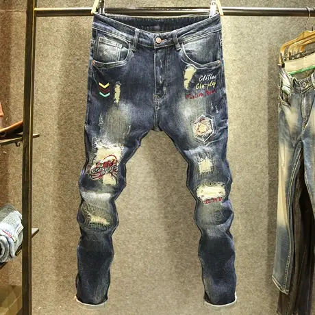 潮牌手工针缝补丁牛仔裤男款街头痞帅刺绣裤子潮流时尚大破洞长裤商品大图