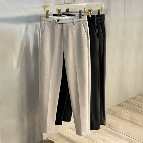 2023秋冬新款毛呢休闲裤男磨毛裤子男直筒小西裤修身潮流小脚长裤图片