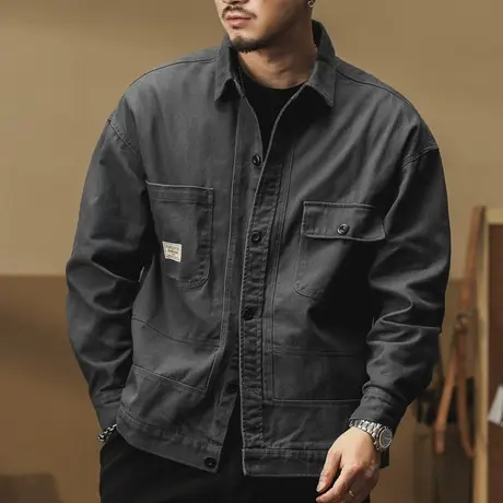 工装夹克休闲复古宽松大码外套男士长袖纯色时尚宽松外套潮流百搭图片