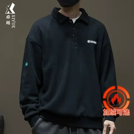 潮牌春秋POLO领卫衣男春季新款宽松加绒加厚纯棉长袖打底衫上衣潮商品大图