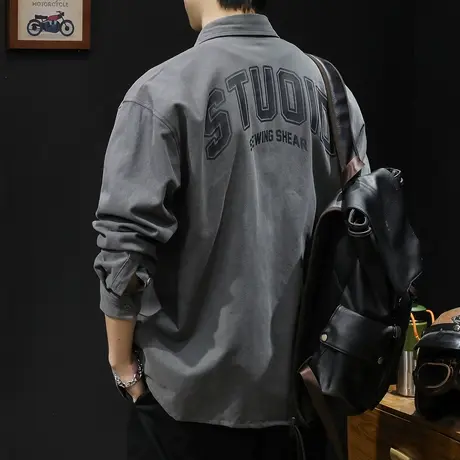 潮牌衬衫男士2024新款衬衣长袖纯棉休闲工装外套男春秋季衬衫日系图片