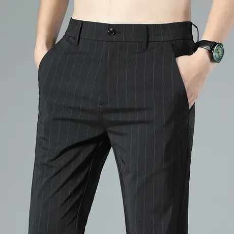 黑色夏季薄款高端修身小脚休闲裤子男士商务正装竖条纹春秋款春季商品大图