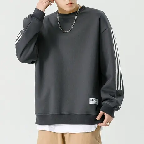 男士2024新款春季条纹圆领拼接袖春秋款上衣服宽松情侣装长袖卫衣商品大图