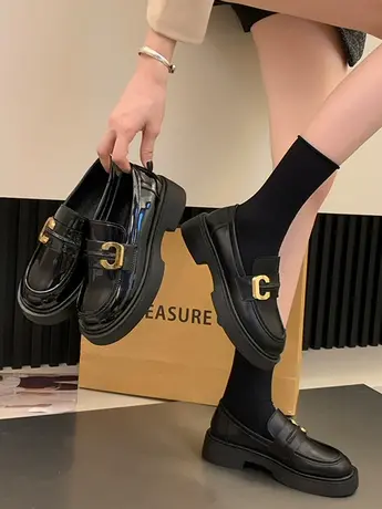 小皮鞋女款英伦风单鞋2023新款秋天秋冬百搭厚底乐福鞋黑色女鞋子商品大图