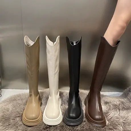永希V口长筒靴女2023年新款厚底单靴高级感不过膝显瘦高筒骑士靴商品大图