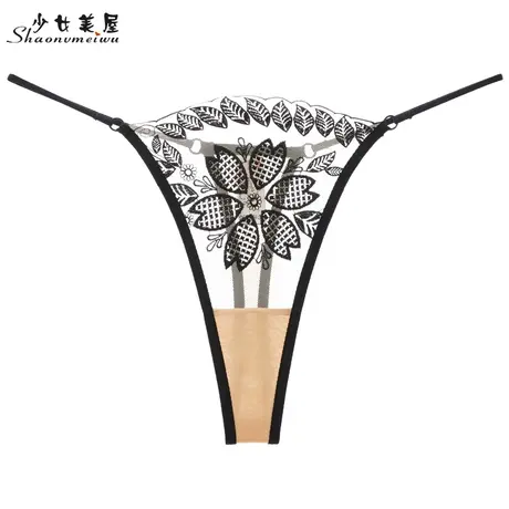女透明网纱刺绣性感透视内裤欧美丁字裤火辣情调一根线勒阴蕾丝图片