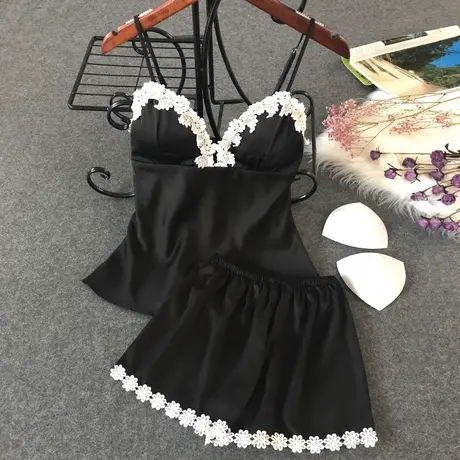 睡衣女夏冰丝两件套吊带胸垫短裤蕾丝薄款睡裙家居服丝绸性感套装商品大图