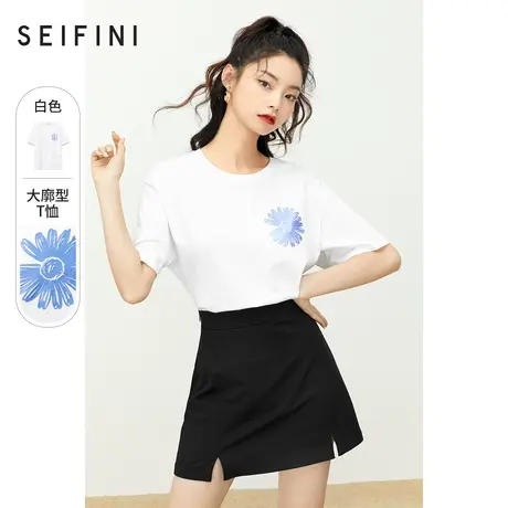 诗凡黎白色t恤夏新款甜美简约宽松纯棉短袖上衣女7C5100951商品大图