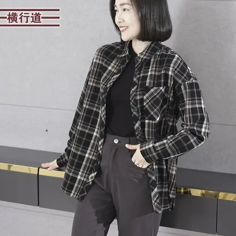港风复古翻领格子合体衬衣外套女装冬季韩版休闲长袖上衣2023新款图片