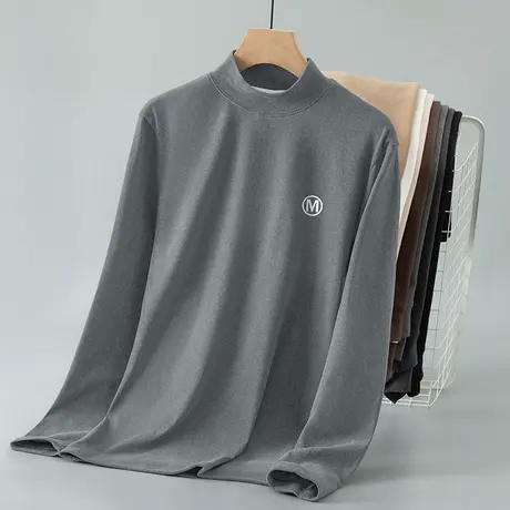 双面德绒t恤男长袖半高领秋冬保暖内搭打底衫中领上衣服印花体恤商品大图