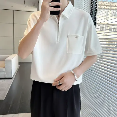 半拉链POLO衫短袖ins潮牌半截袖男装上衣2023新款夏季纯色半袖T恤商品大图