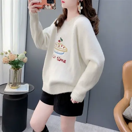 奶fufu软糯圆领毛衣女加厚2023年新款秋冬宽松百搭洋气设计感上衣商品大图