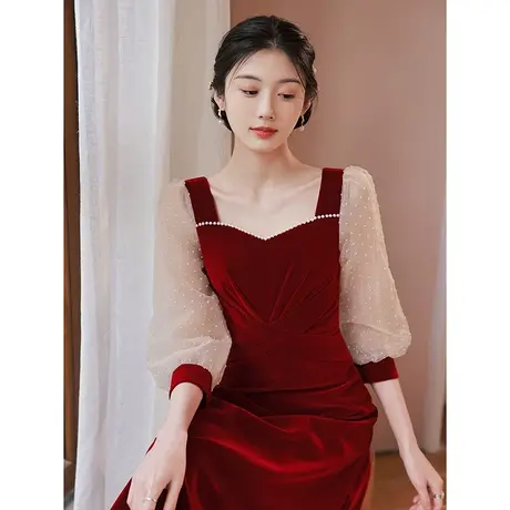 订婚礼服红色连衣裙平时可穿敬酒服小个子新娘2023新款夏季灯笼袖图片