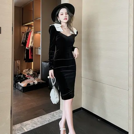 黑色年会晚礼服高端轻奢小众丝绒连衣裙复古气质包臀小黑裙设计感商品大图