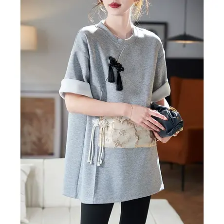 宝诗黎刺绣拼接七分袖T恤2024春季新款设计感宽松棉质休闲上衣女图片