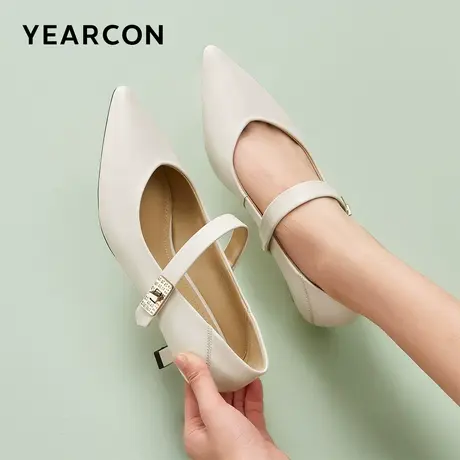 意尔康女鞋2024春季真皮中跟尖头细跟浅口玛丽珍皮鞋法式气质单鞋图片