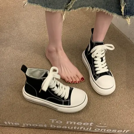 2024年新款爆款春秋季网红高帮帆布鞋女板鞋厚底百搭小白鞋ins潮商品大图