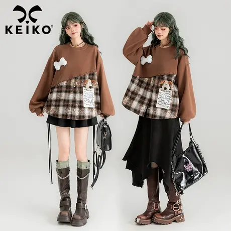 KEIKO 别致格子拼接圆领卫衣女薄款2024春季立体卡通饰宽松上衣商品大图