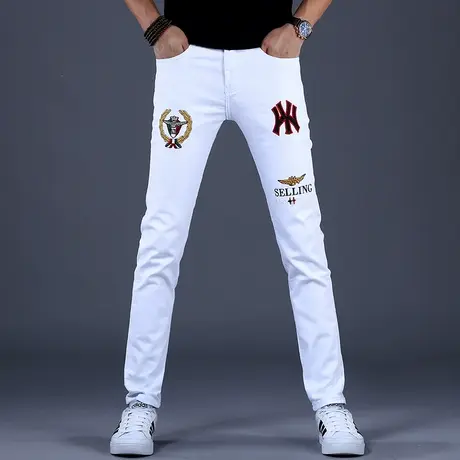 男士刺绣花白色牛仔裤男款秋季潮流高端潮流休闲裤子修身小脚潮牌图片