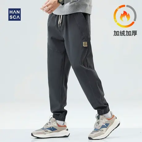 hansca加绒休闲裤男秋冬款加厚宽松运动束脚潮牌大码灰色工装裤子商品大图